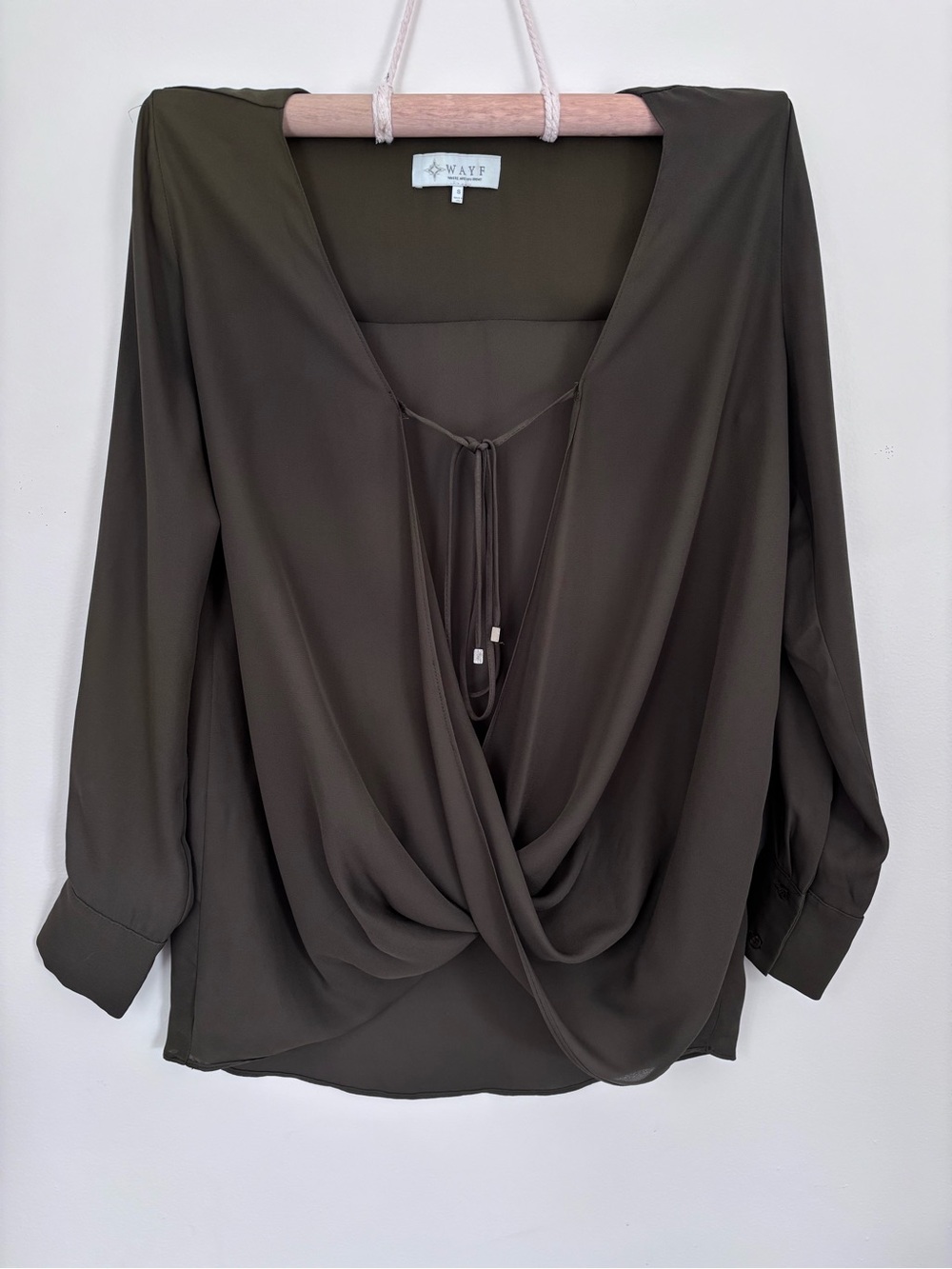 Wayf Olive Surplice Tie-Front Blouse | Small | Boho Chic